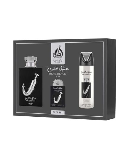 LATTAFA ISHQ AL SHUYUKH SILVER DÁRKOVÁ SADA EDP 100 ML, DEOSPRAY 200 ML A EDP 20 ML
