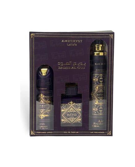 LATTAFA BADE'E AL OUD AMETHYST GIFT SET EDP 100 ML, DEOSPRAY 200 ML A AIR FRESHENER 300 ML