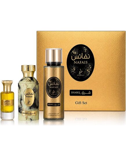 KHADLAJ NAFAIS SHARQ DÁRKOVÁ SADA EDP 100 ML, TĚLOVÝ SPREJ 250 ML A PARFÉMOVANÝ OLEJ 24 ML